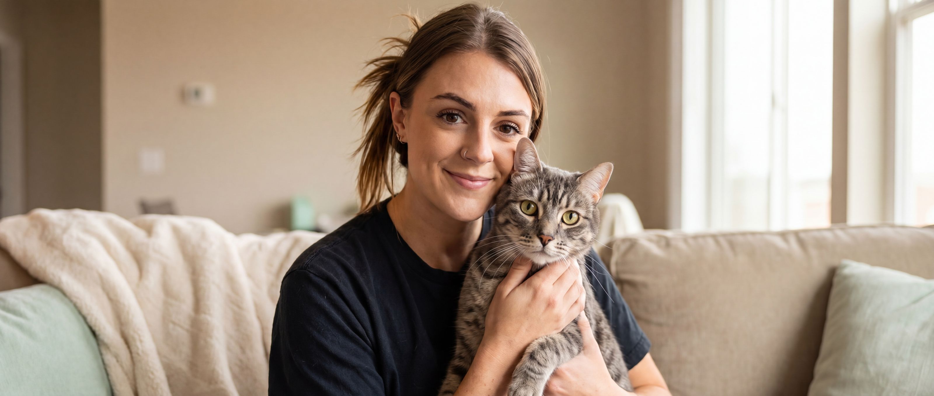 Anakin the tabby cat being held by his owner on a couch