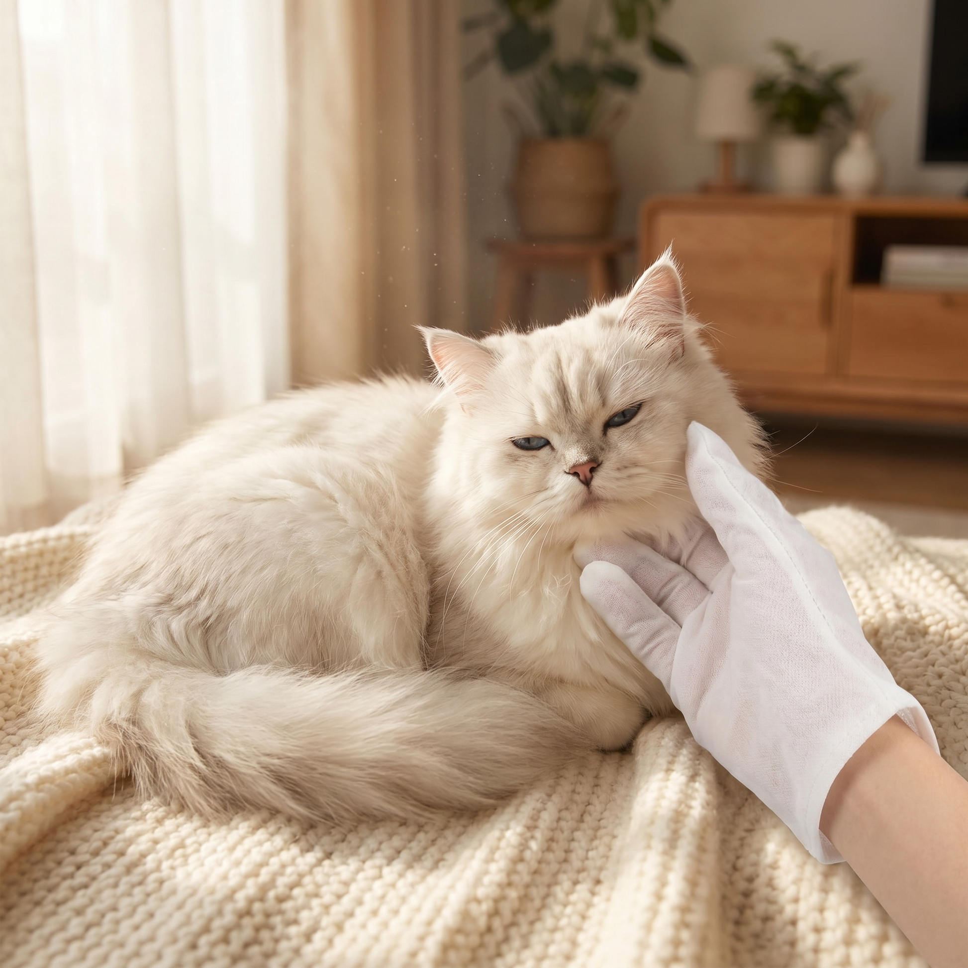 Long-haired white Persian cat being gently groomed on the cheek with a soft white House of Anakin glove wipe, lifestyle home photo on a cream knit blanket