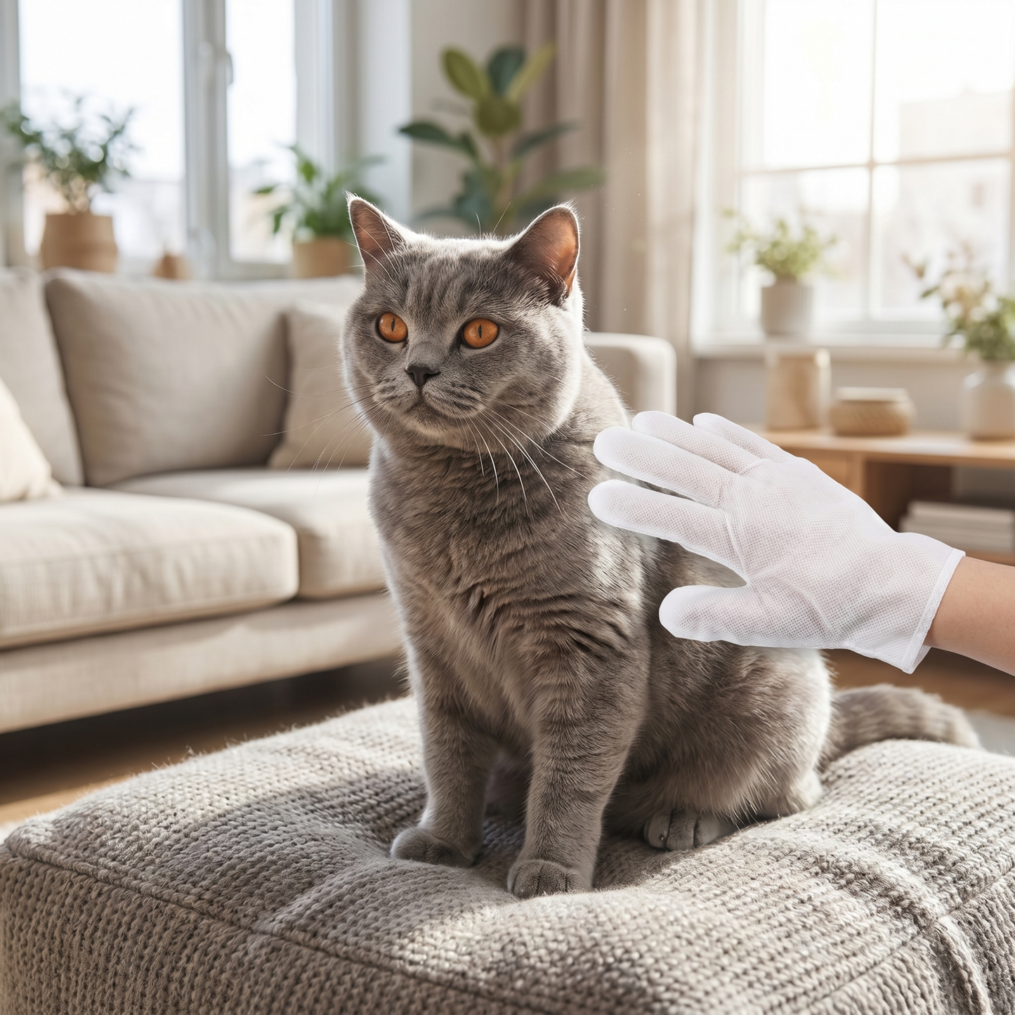 Sleek silver-gray British Shorthair cat with copper eyes being gently wiped along the back with a soft fabric grooming glove in a bright living room